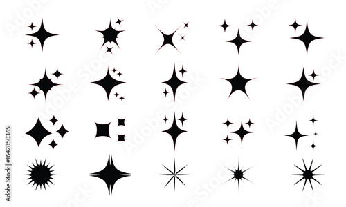 High-quality black star shapes and sparkle vector icons set. Perfect for decorative designs, digital art, branding, stickers, and festive graphics. Editable and scalable for logos, invitations, web.