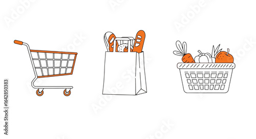 Grocery Shopping Icons Collection Featuring Cart, Bag, and Basket Filled with Food Items for Supermarket and Lifestyle Illustrations