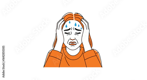 Illustration of a Stressed Woman with Hands on Head, Sweating, Displaying Anxiety. Suitable for mental health awareness campaigns and psychological studies