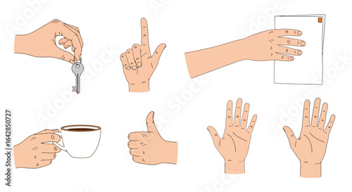Diverse Hand Gestures Vector Illustration for User Interface Design, Presentations, and Instruction Manuals, Ideal for Demonstrating Actions and Communication