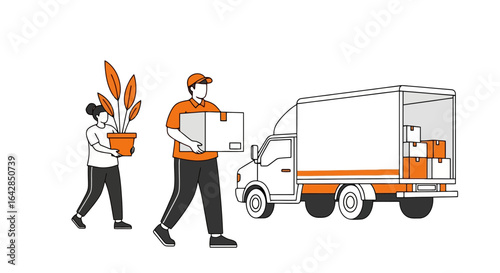 Moving Company Illustration Depicting House Relocation Services and Logistics, Suitable for Advertisements, Web Banners, and Informational Graphics