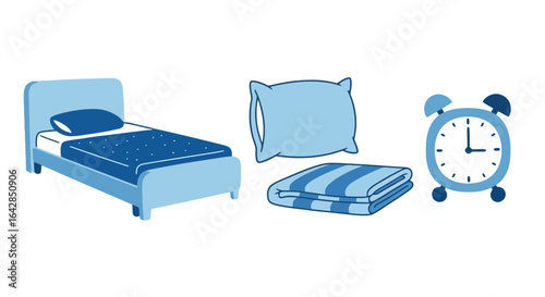 Serene bedroom essentials illustration featuring bed, pillow, blanket, and alarm clock against a clean white background, ideal for promoting sleep products and interior design