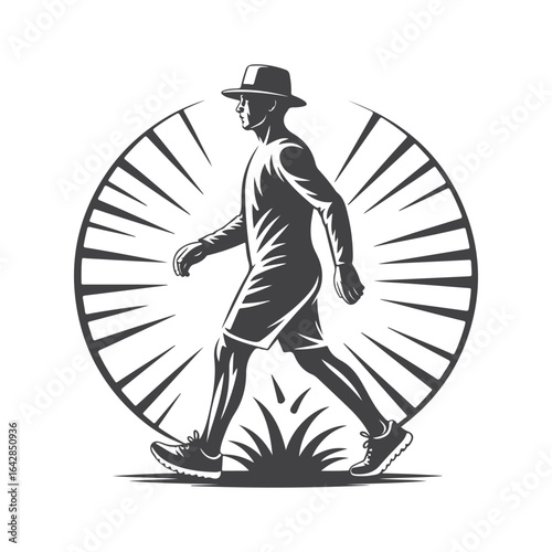 Man walking with hat and sun rays circle
