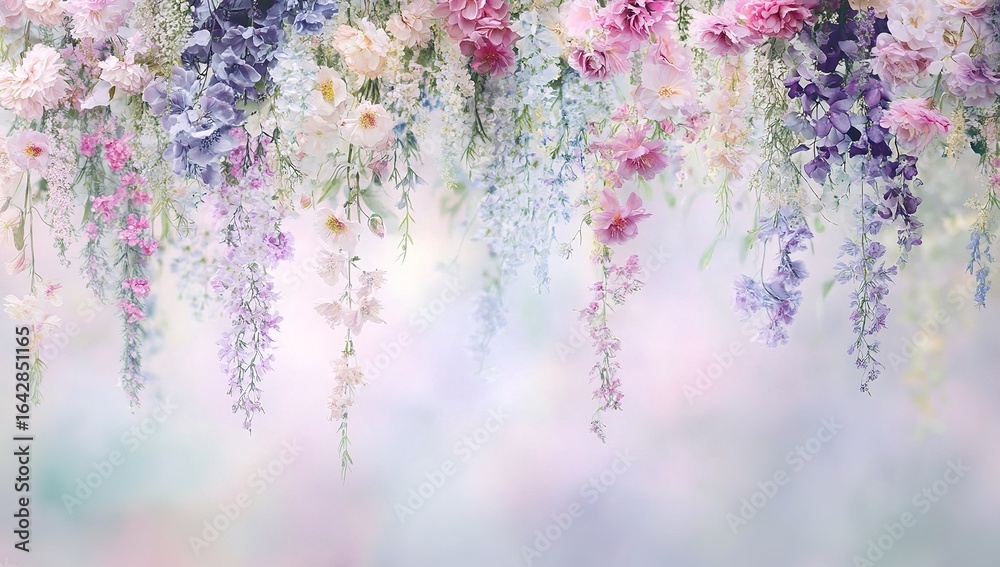 © SilentSmog - A delicate floral backdrop with pastel flowers in shades of pink, purple, and blue hanging from top to bottom. The background is softly blurred and has a dreamy feel to it.