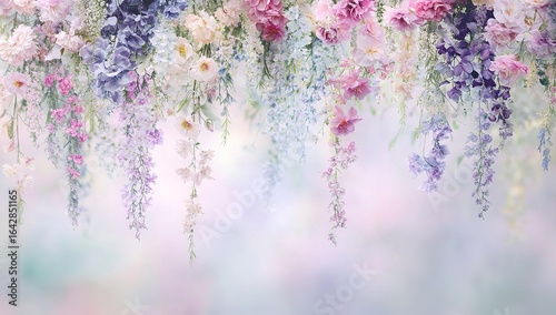 Fototapeta Naklejka Na Ścianę i Meble -  A delicate floral backdrop with pastel flowers in shades of pink, purple, and blue hanging from top to bottom. The background is softly blurred and has a dreamy feel to it.