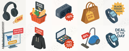 Isometric Detailed Black Friday Retail Items and Product Promotion Illustration