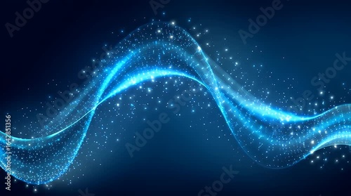 Abstract blue glowing wave with scattered particles