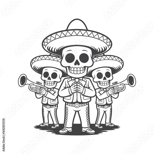 Mariachi skulls playing trumpets wearing sombreros music