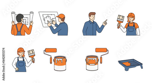 Diverse Construction and Painting Icons Depicting Architectural Planning and Home Improvement, Suitable for Construction, Renovation, and Design Projects