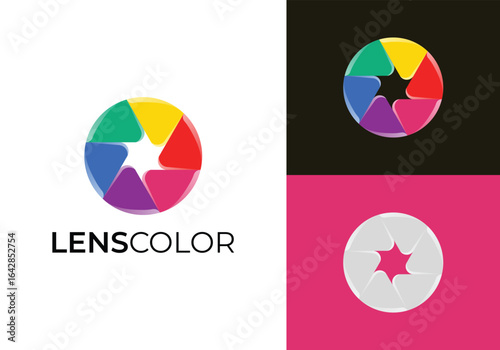 This is a camera lens logo with a modern and colorful style. This logo is suitable for creative agencies, media, cameramen, and such.