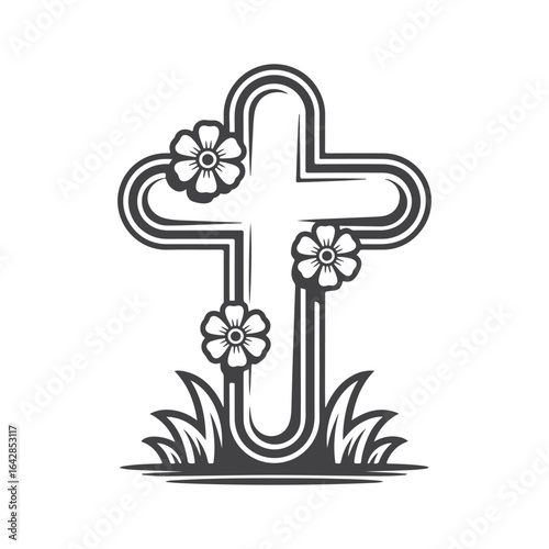 Stylized cross with flowers and grass religious symbol floral