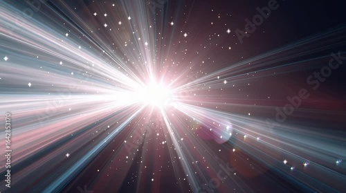 Radiant light bursts outward from a central point, radiating streaks of light across a dark background speckled with tiny particles