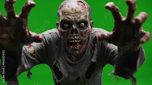 Zombie Shambling Towards Camera on Green Screen - A decaying zombie with tattered clothing slowly approaches the camera, arms outstretched in a menacing pose.