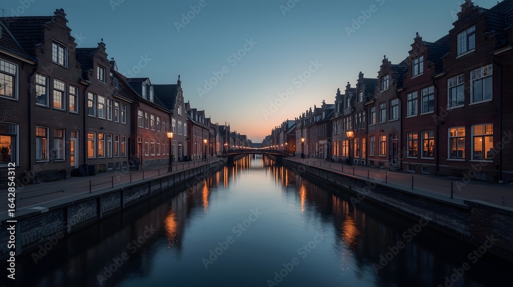Naklejka premium Picturesque evening view of a serene canal lined with traditional Dutch-style red brick houses and softly glowing streetlights, reflecting beautifully in calm water under a twilight sky