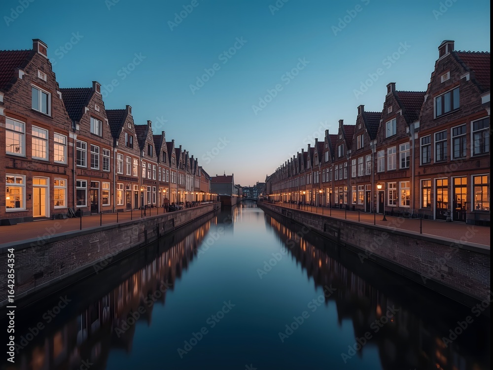 Naklejka premium Picturesque evening view of a serene canal lined with traditional Dutch-style red brick houses and softly glowing streetlights, reflecting beautifully in calm water under a twilight sky