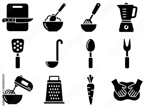 Collection of cooking and kitchen utensil icons in a solid black glyph style concept