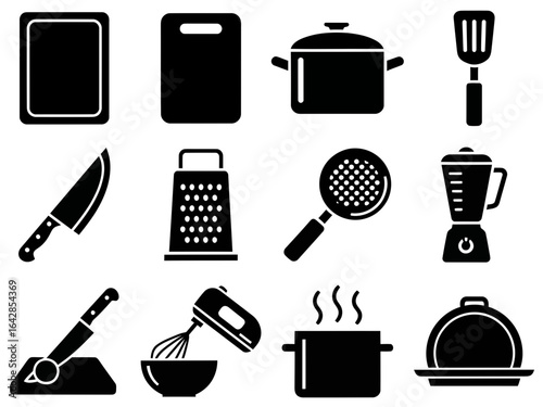 A collection of black glyph icons for kitchen utensils and cooking equipment for food preparation