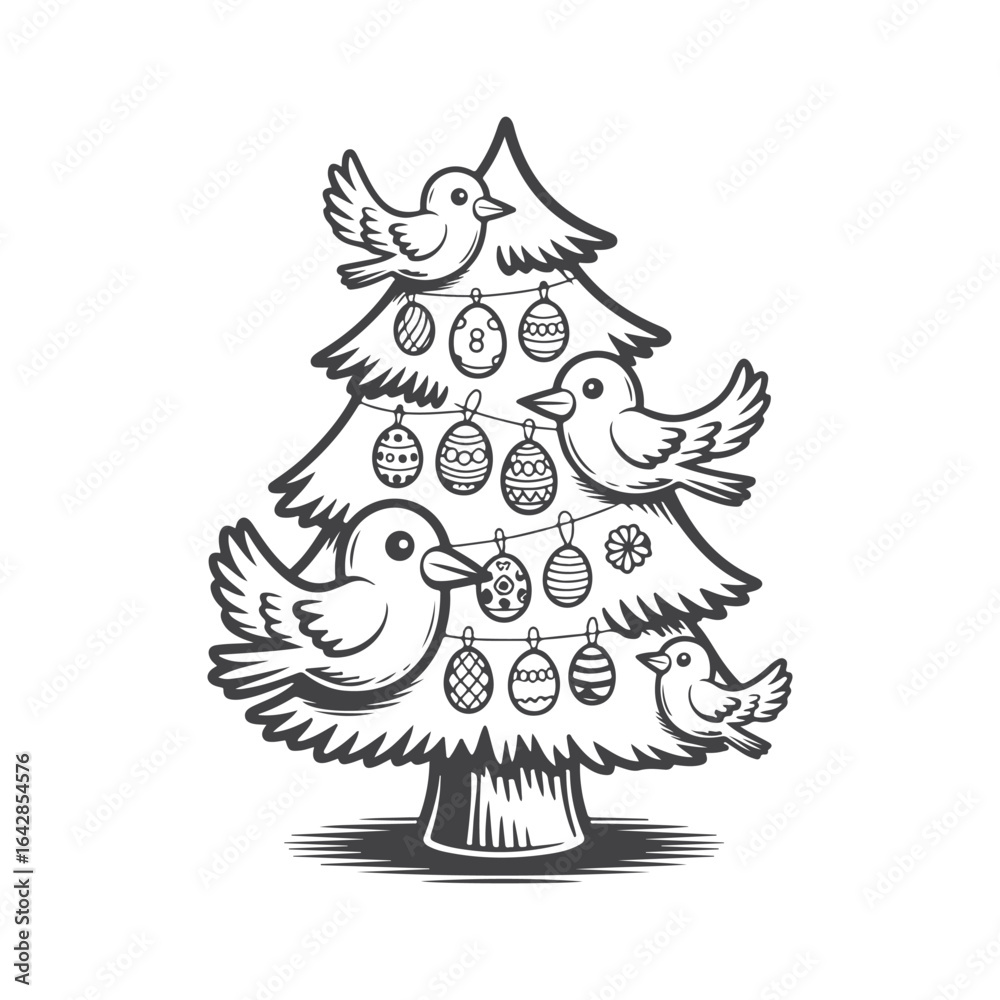 Fototapeta premium Whimsical birds perched on a festive decorated Christmas tree ornaments holiday