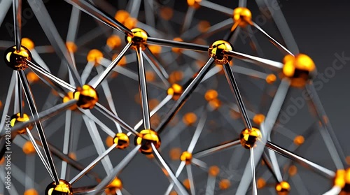Abstract representation of a molecular structure, with interconnected metallic rods and glowing orange spheres