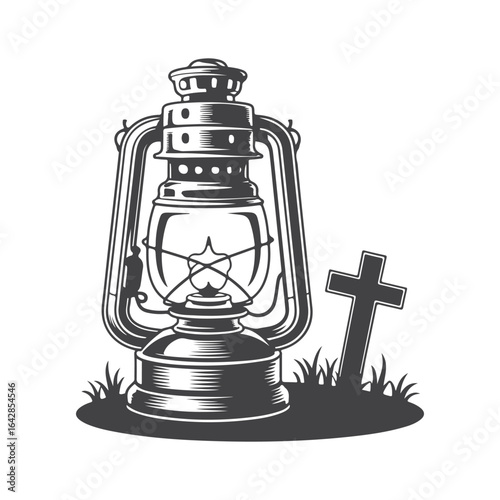 Vintage lantern and cross on grassy mound kerosene lamp oil lamp
