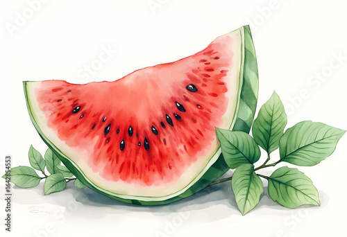 Watermelon slice with vibrant red flesh and green rind sits on soft leaves illustrating summer freshness