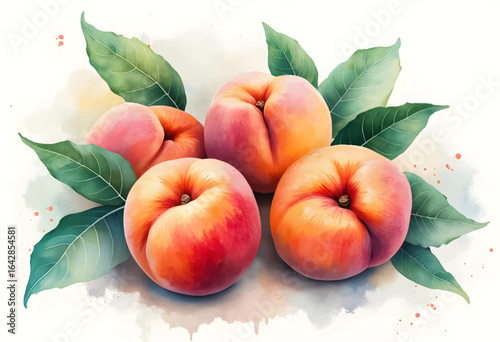 Fresh peaches with vibrant leaves resting on a soft watercolor background in a bright and airy setting