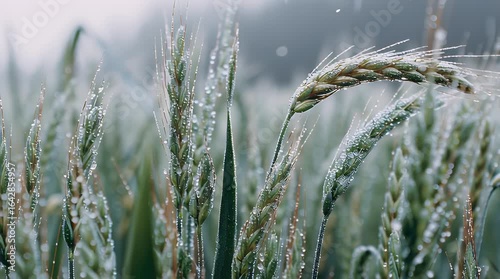 Close-up of dewy wheat stalks