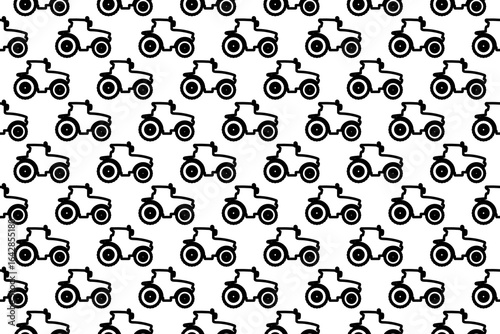 Seamless pattern completely filled with outlines of tractor icons. Elements are evenly spaced. Illustration on transparent background