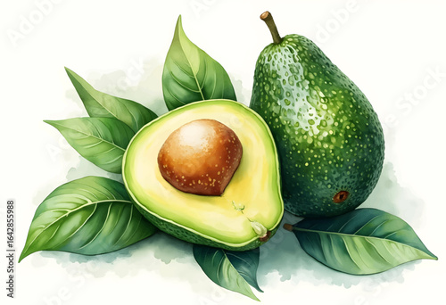 A ripe avocado is cut in half, revealing its smooth, creamy flesh and large brown seed. Surrounding the fruit are vibrant green leaves, highlighting its freshness.
