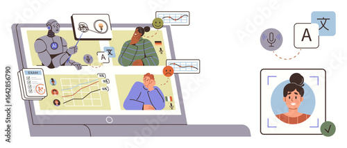 Laptop displaying AI-driven multilingual tools, analytics, and user profiles with translation and voice features. Ideal for technology, innovation, learning, globalization, communication, data