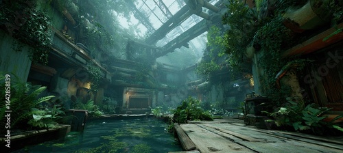 Fototapeta Naklejka Na Ścianę i Meble -  Game environment from: the planet-metal-fantasy-utopian Aztec village with water and plants, a foggy, abandoned space station interior