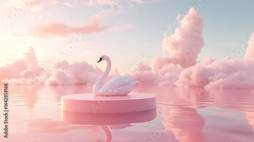 Elegant swan perched on pink platform floats serenely on dreamy water at sunset with tranquil pastel clouds