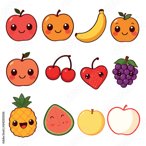 Flat Design Colorful Fruits Vector Pack. Healthy Organic Fruit Clipart Bundle of Apple, Orange, Grapes, Strawberry, Lemon, Pineapple, and More mix fruits