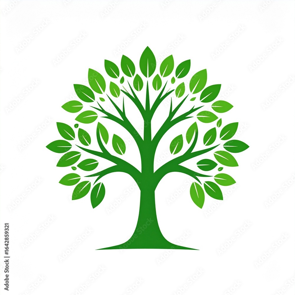 Fototapeta premium Stylized vector illustration of a green tree with a full canopy of leaves against a white background.