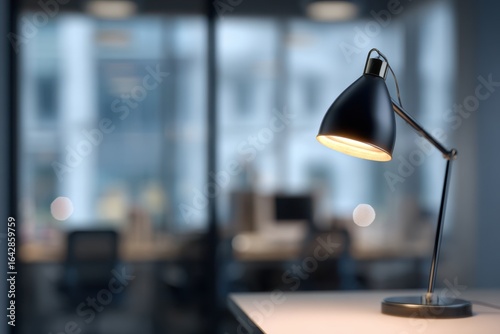 Illuminated desk lamp in modern office, night