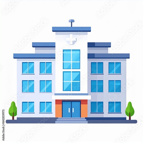 Illustration of a hospital building with a cross on the facade, featuring blue doors and windows, and small green trees on either side.