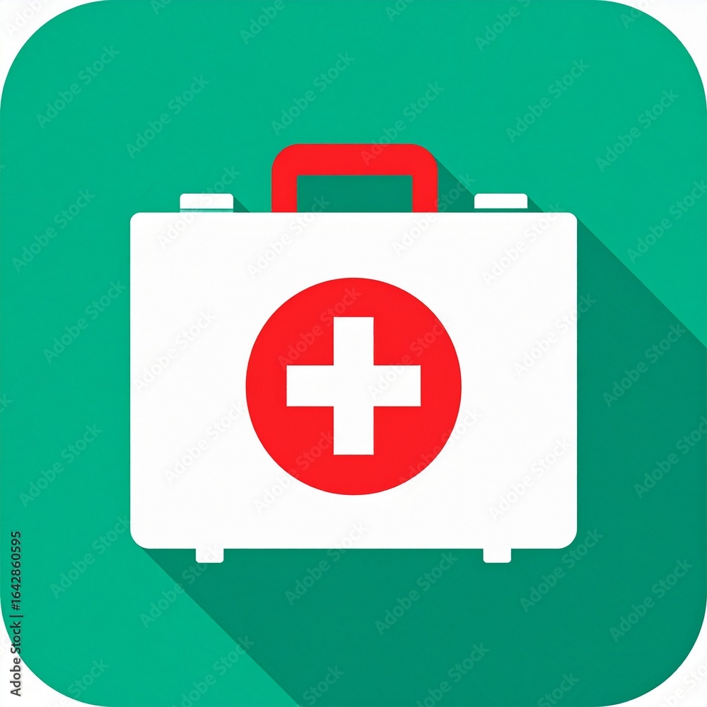 Fototapeta premium A first aid kit icon, white with a red cross, against a green background.