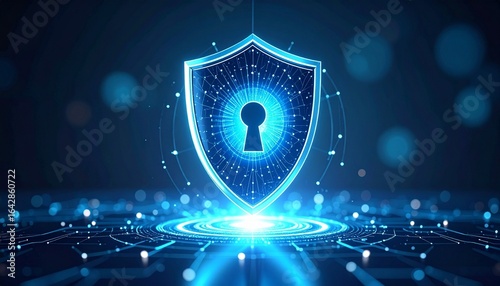 Glowing blue shield with central keyhole floats in digital web of nodes—symbol of cybersecurity, data protection, and trust in a connected world.