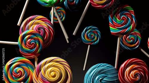 Colorful Swirl Lollipops Against Black