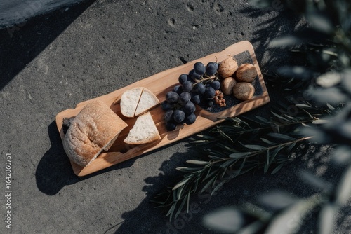 Forest Picnic Platter with overhead shot of rustic bread, cheese, grapes, and nuts on a wooden board with natural greenery.