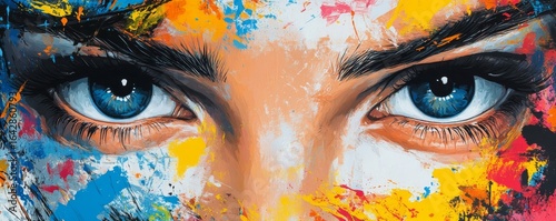 Close-up of women's eyes, surrounded by splashes of bright paint, capturing an abstract and artistic look for interior decoration, Generative AI
