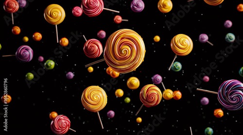 Colorful swirl lollipops and candy spheres in a black space