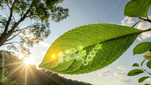 Fresh green leaves on a tree branch, shimmering with water drops in the summer sun