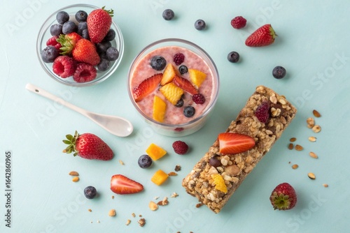 Healthy Fitness Breakfast with flat lay of a fruit smoothie, granola energy bar, and fresh berries on a bright pastel background