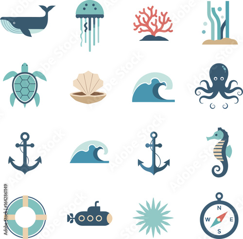 A Collection of Flat Design Marine Life and Nautical Icons.