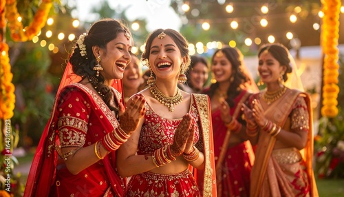 Women in vibrant sarees and gold jewelry celebrating under marigold garlands—smiles, tradition, and festive lights evoke joy and cultural unity.