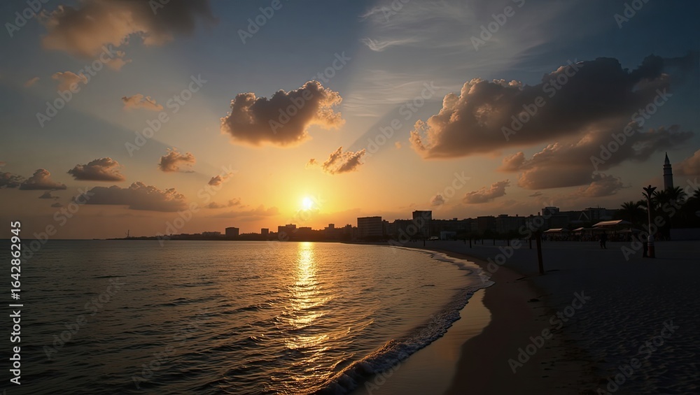 Obraz premium Golden sunset over a coastal city.