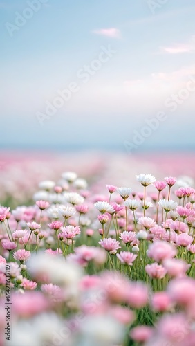 Soft focus field of pink and white daisies under a gentle sky