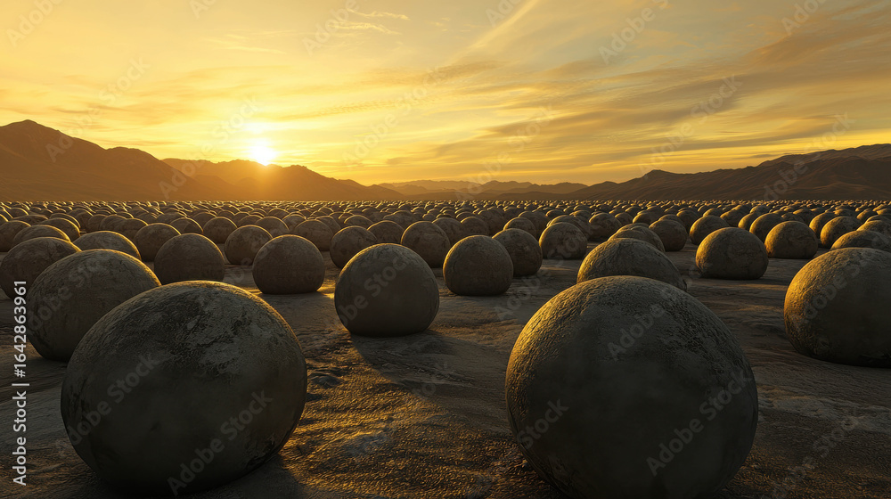 Fototapeta premium Landscape of Round Stones Under Warm Sunset with Mountains in Background and Soft Clouds for Nature and Abstract Themes