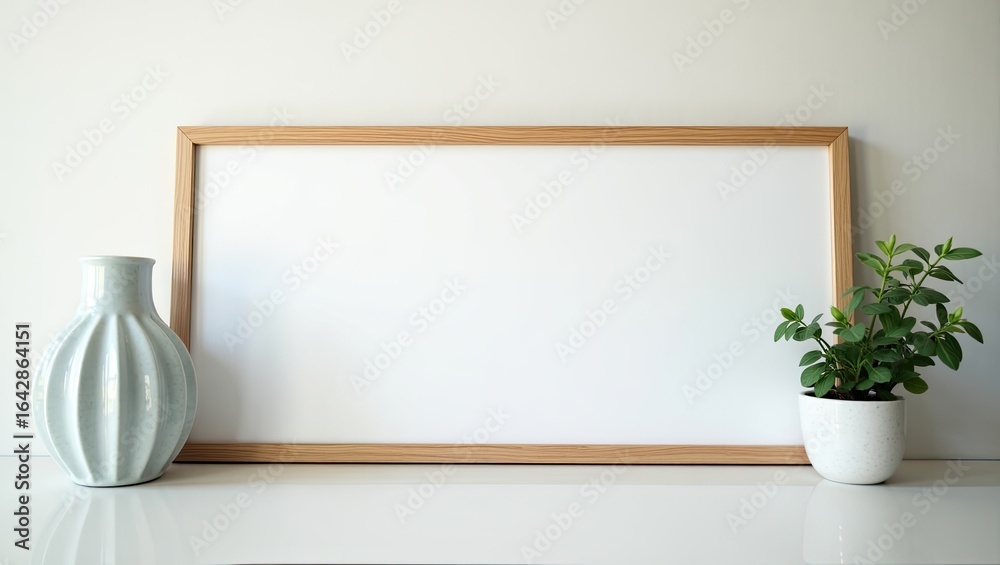 Obraz premium Empty picture frame with vase and plant on a white surface.